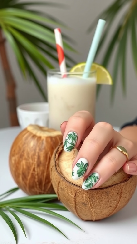 Nails decorated with tropical palm leaves design in front of coconuts and a refreshing drink.
