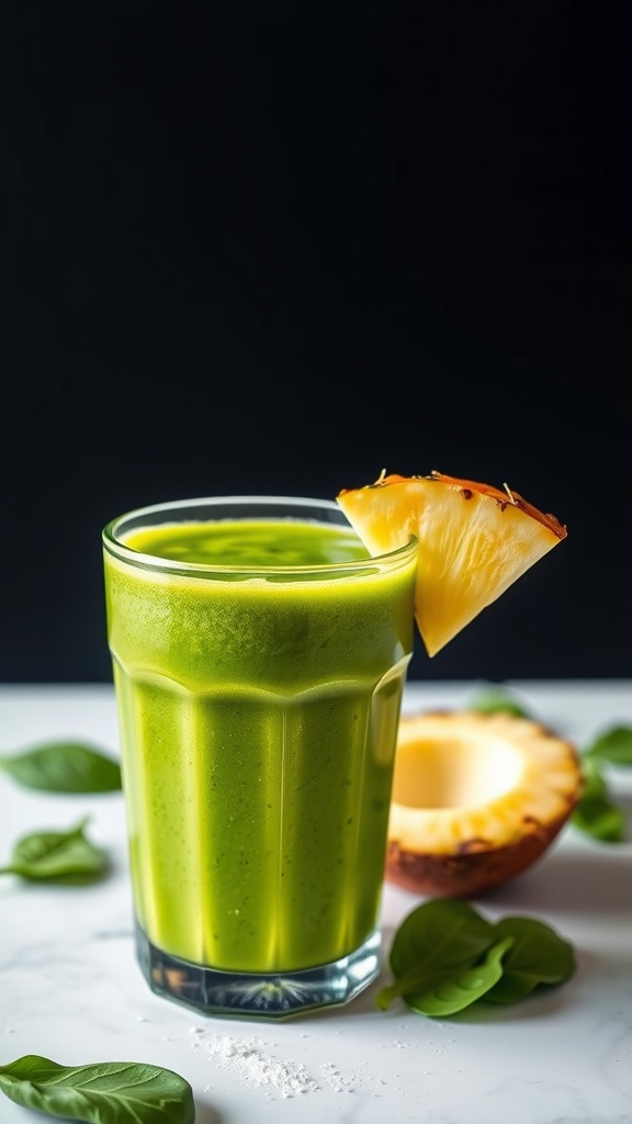 A refreshing green smoothie with pineapple and spinach garnished with a slice of pineapple.