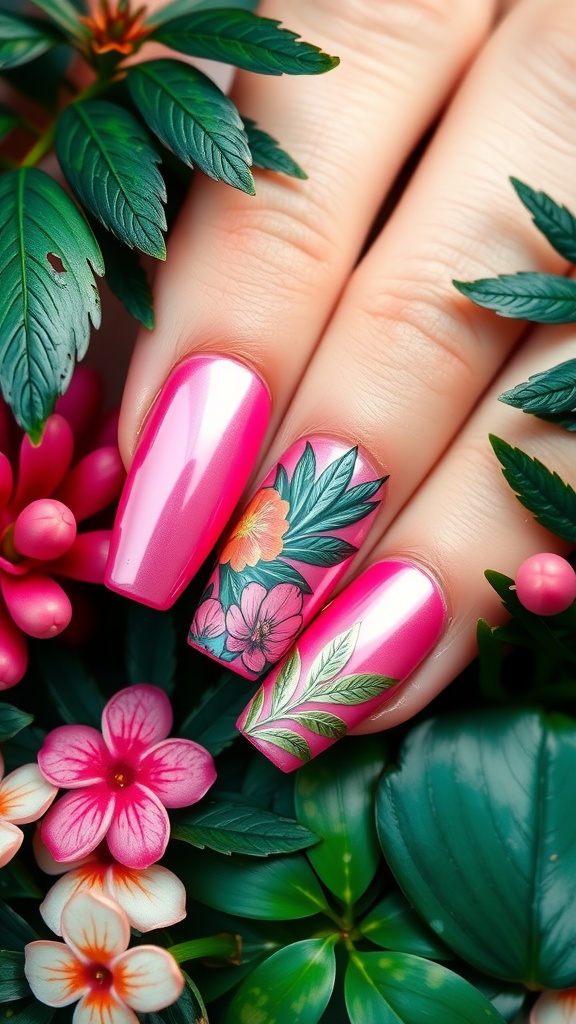 Close-up of tropical pink chrome nail art with floral designs