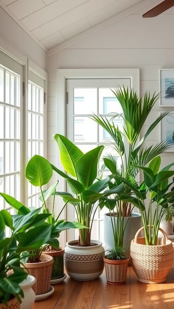 Interior of a beach house featuring various tropical plants in pots, creating a lush and inviting atmosphere.