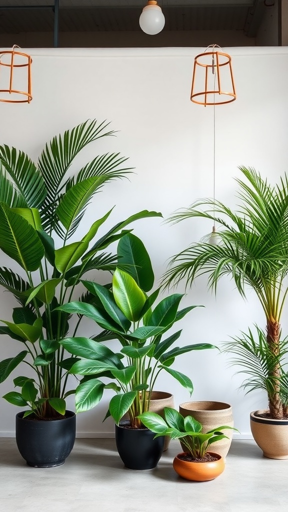 A collection of tropical plants in various pots, enhancing an interior space