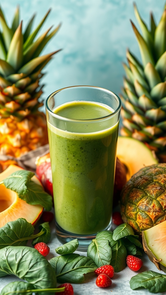 A refreshing green smoothie made with spinach and tropical fruits.