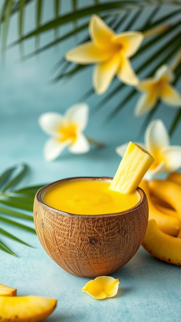 A tropical smoothie made with turmeric and pineapple in a coconut bowl, surrounded by tropical flowers and leaves.