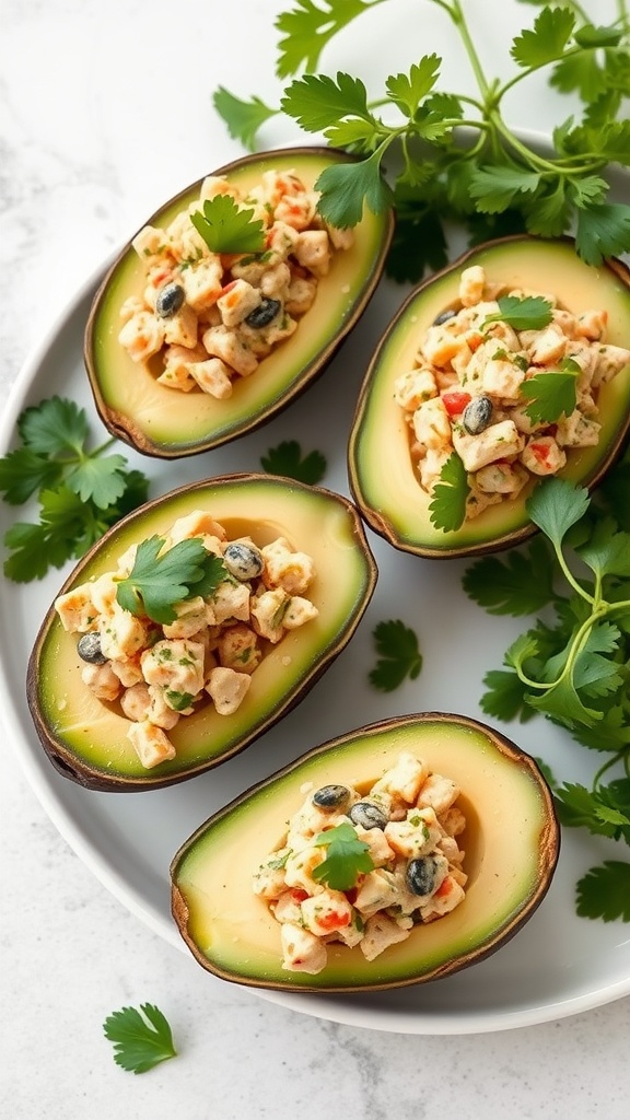 Tuna stuffed avocados with cilantro garnish