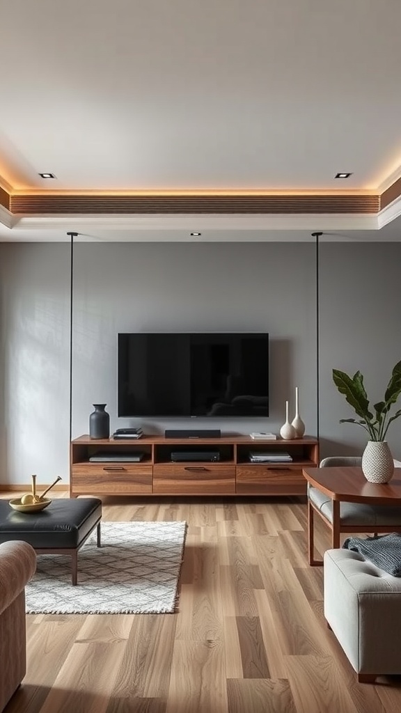 A stylish TV unit with a modern design in an open floor plan living area.