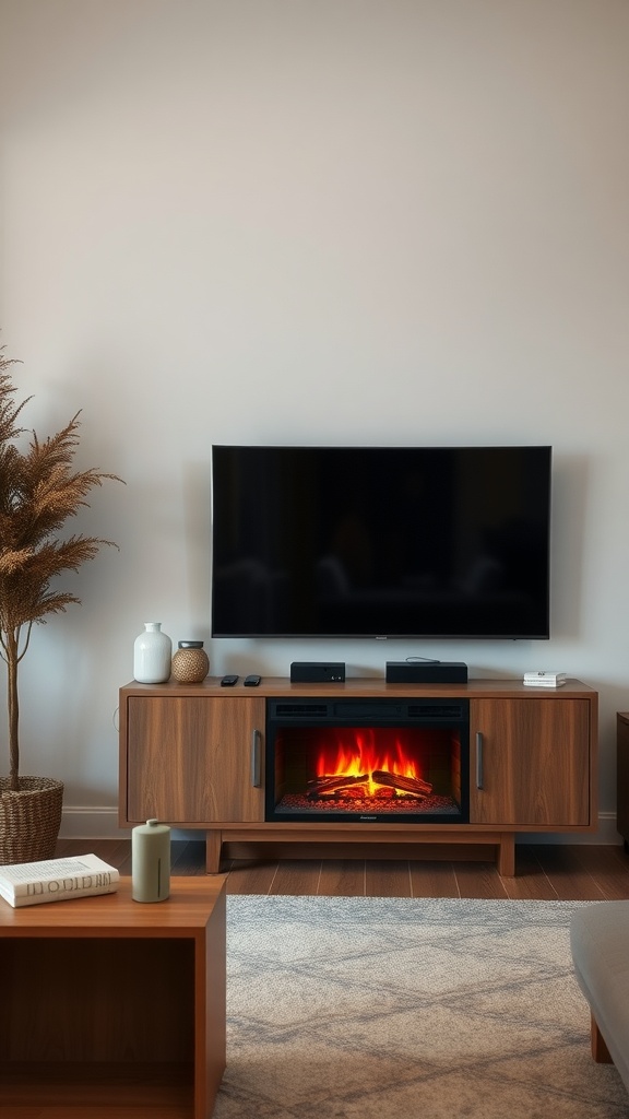 A cozy living room showcasing a modern TV unit with a built-in fireplace, creating a warm and inviting atmosphere.