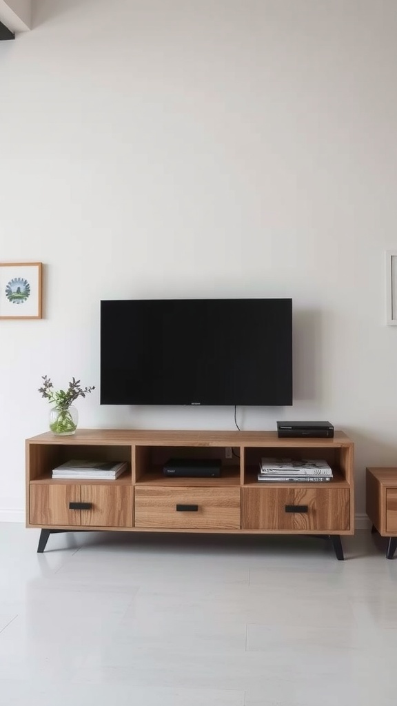 A stylish wooden TV unit with hidden storage and a television mounted above it.