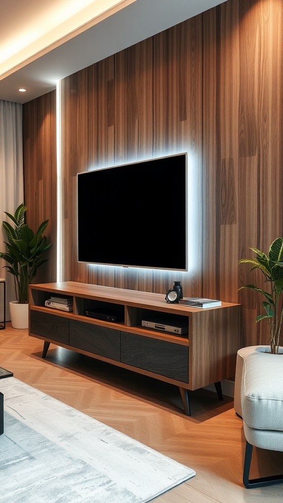 A modern living room featuring a TV unit with integrated lighting, showcasing a sleek design and warm ambiance.