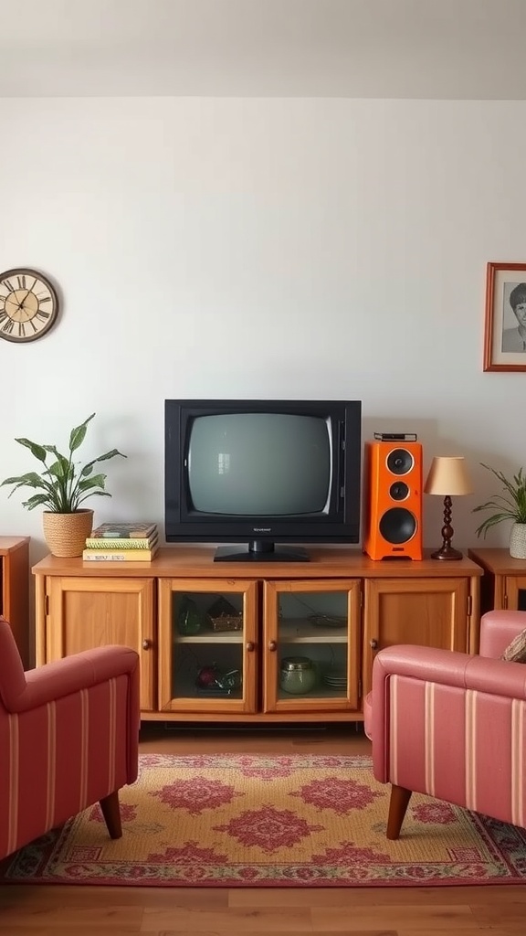 A vintage-inspired TV unit with a retro television and vibrant decor elements.