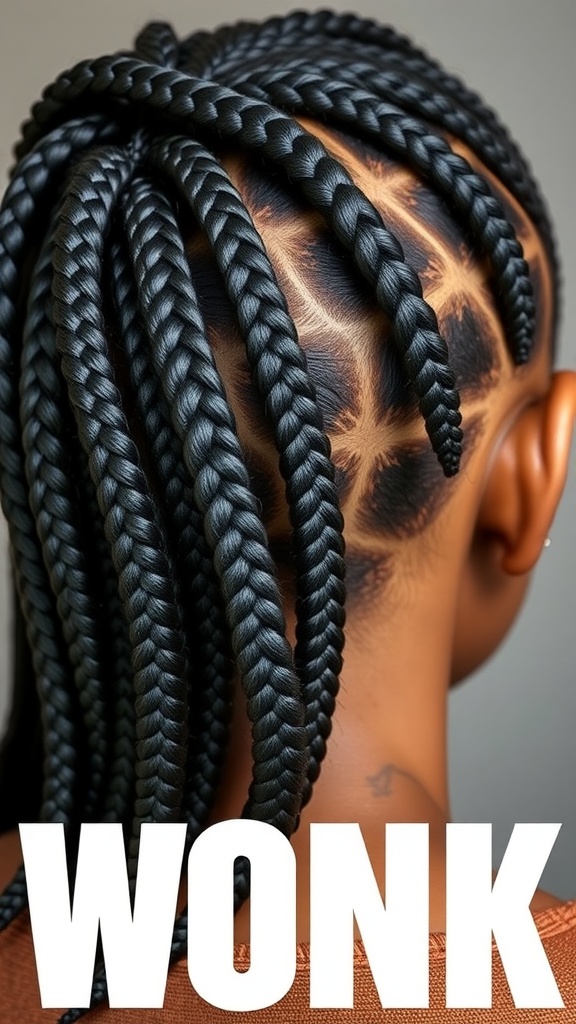 Back view of a hairstyle featuring twisted box braids.