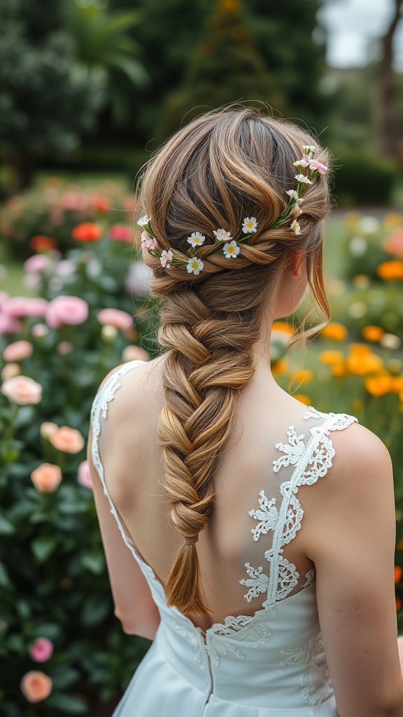 A woman with a twisted crown braid adorned with flowers in a garden.