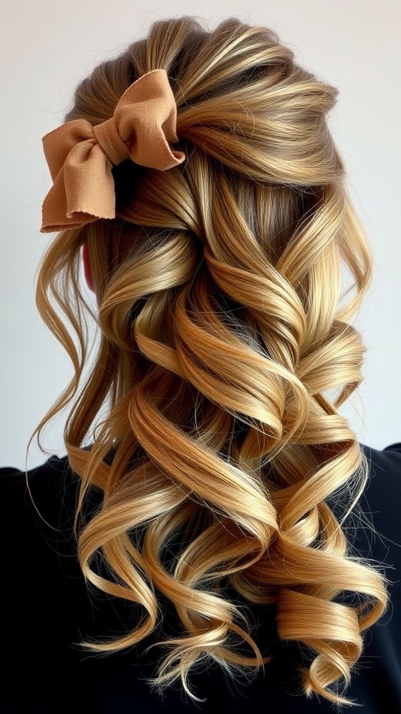 A hairstyle featuring a twisted half bow with soft curls and a bow accessory.