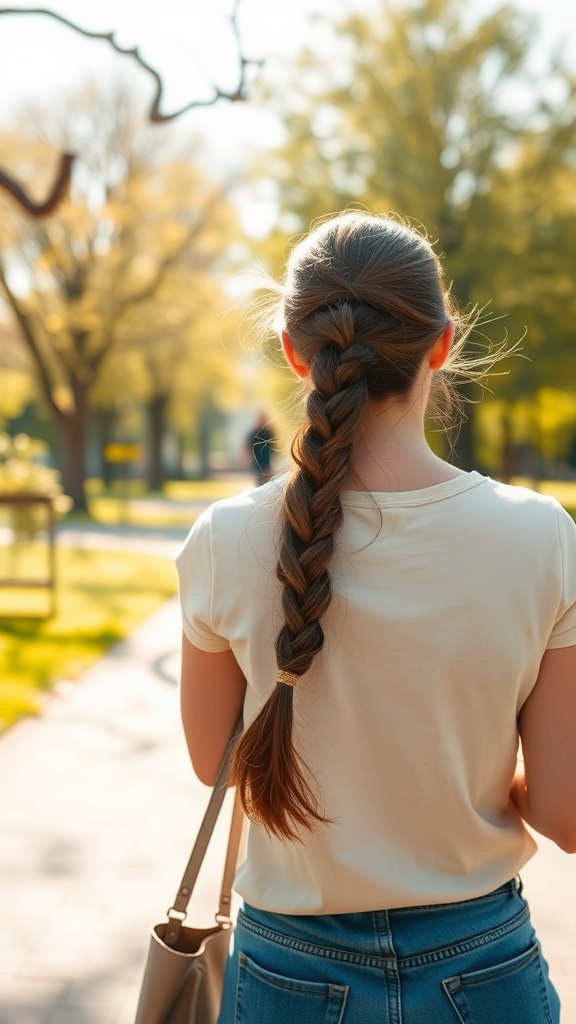 Woman with a twisted side braid walking in a park