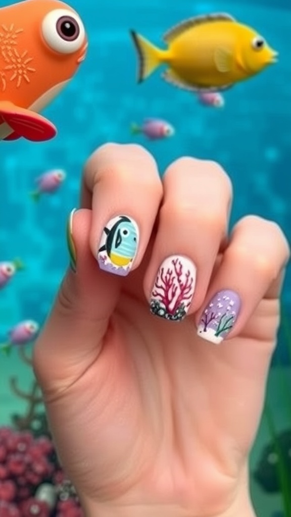 A close-up of summer-themed nails with an under the sea design featuring colorful fish and coral.