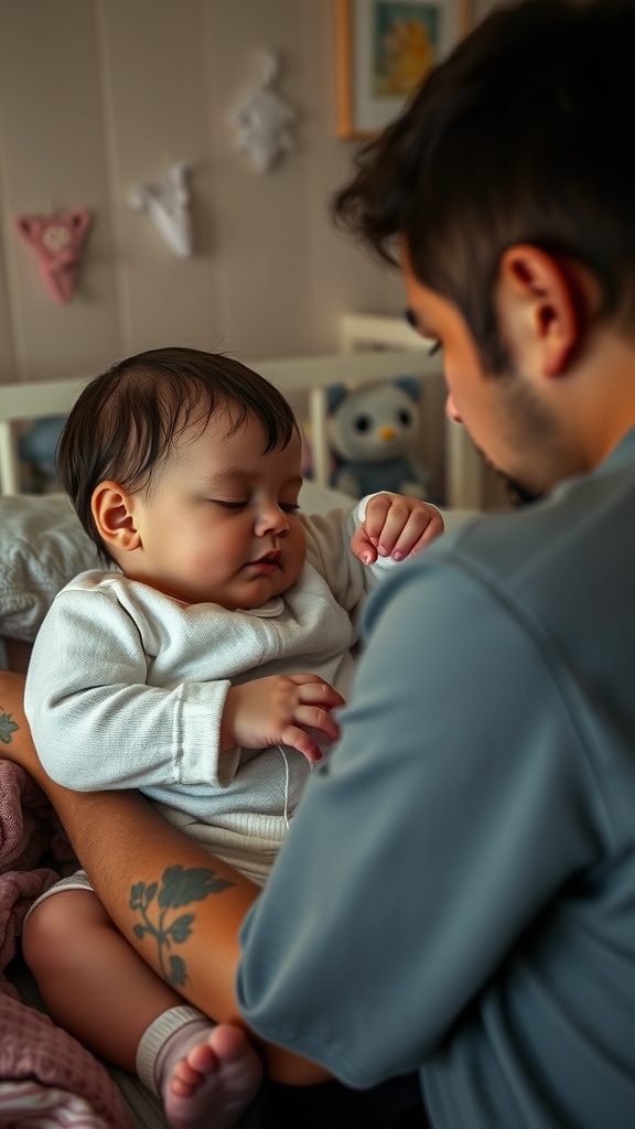 A parent gently holding a sleeping baby, surrounded by a cozy nursery.