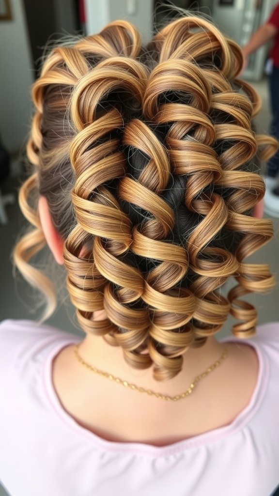 A close-up view of a hairstyle featuring French curls, showcasing the intricate twists and bouncy texture.