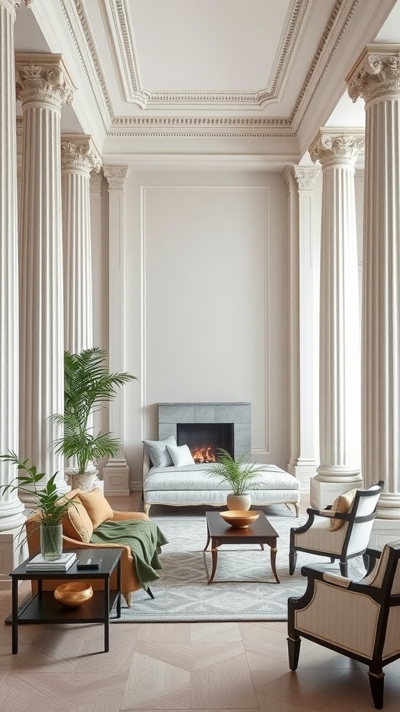 Neoclassical interior featuring columns, elegant furniture, and a cozy fireplace.