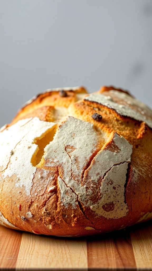 A beautifully baked round sourdough bread with a crispy crust