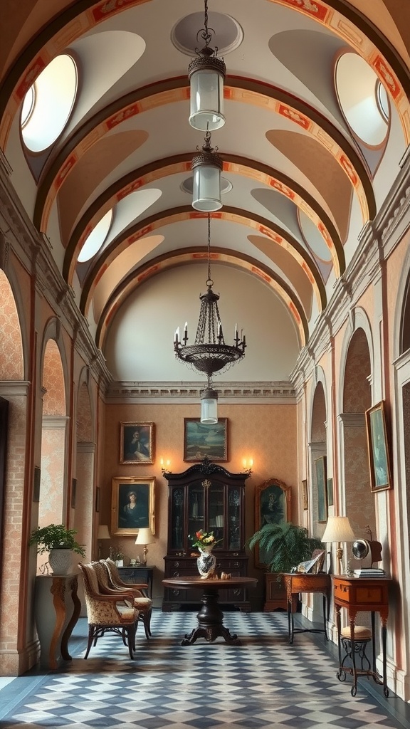 A grand hallway decorated in European design style with ornate ceilings, classic furnishings, and elegant lighting.