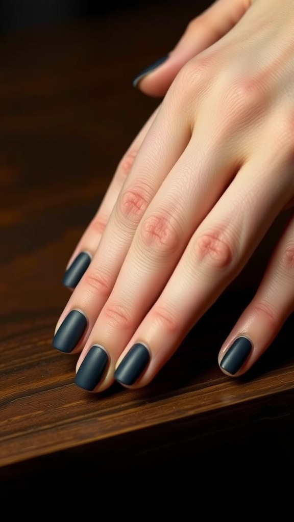Close-up of hands with dark blue matte nails on a wooden surface.
