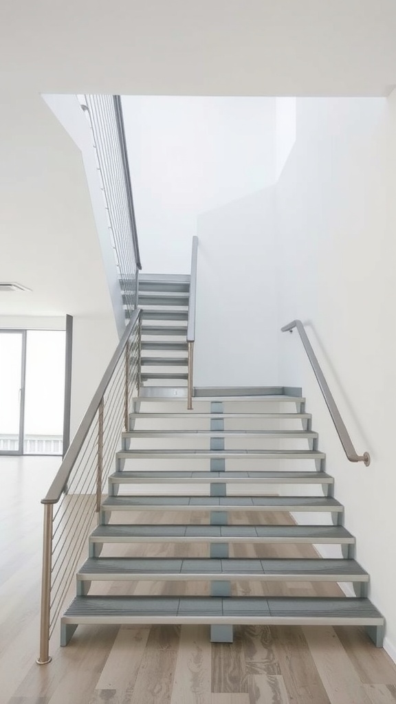 A set of modern metal stairs with a simple design, featuring wooden flooring and a bright, airy atmosphere.