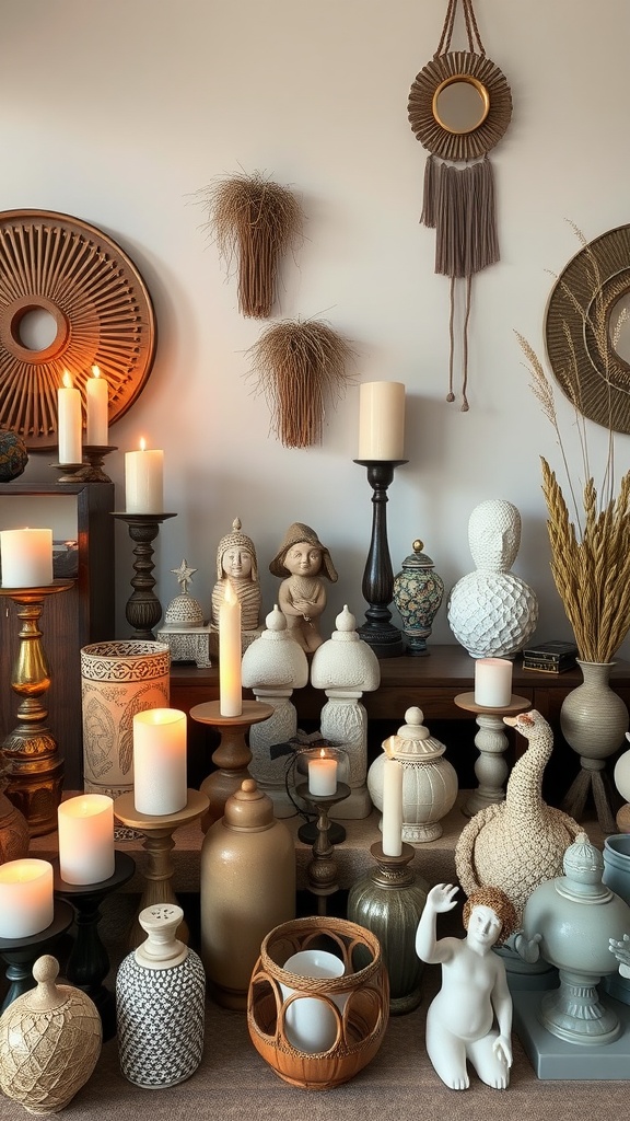 A collection of unique accessories and trinkets in a bohemian interior design setting.
