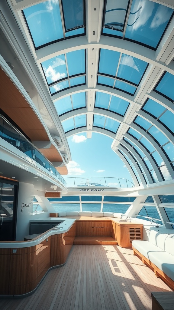 Interior of a luxury yacht showcasing large windows and a spacious layout.