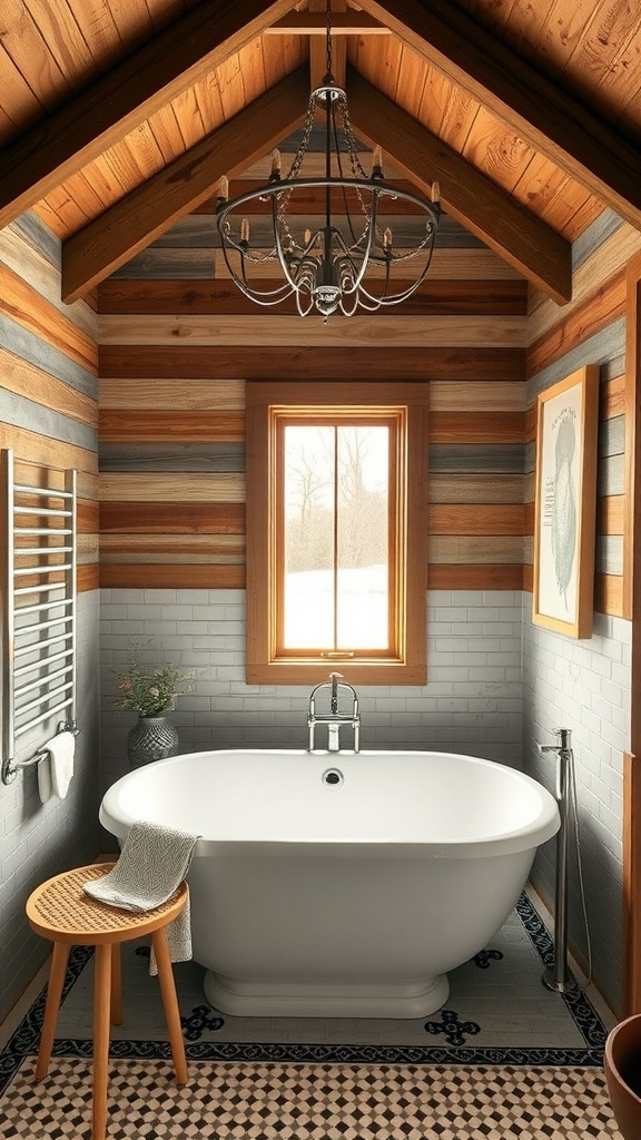 Stylish bathroom in a barndominium featuring a freestanding tub, wooden walls, and elegant chandelier.