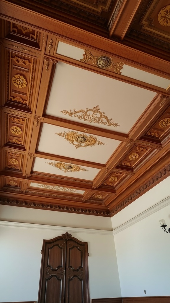 Intricate wooden ceiling design with decorative elements in a Mediterranean interior.