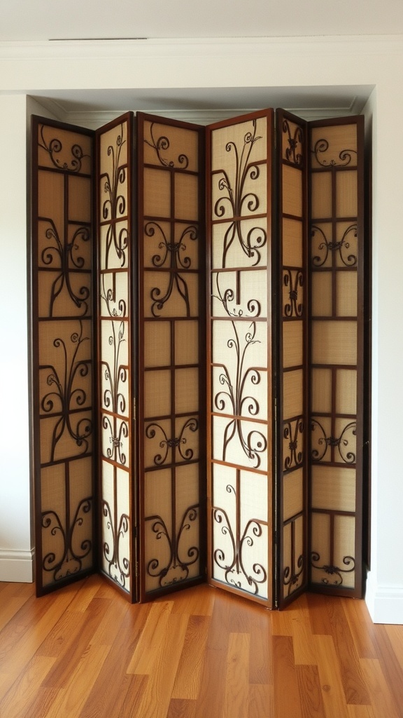 A decorative folding room divider with intricate patterns in a stylish interior.