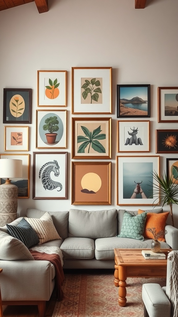 A cozy living room featuring a gallery wall with various art pieces in different frames.