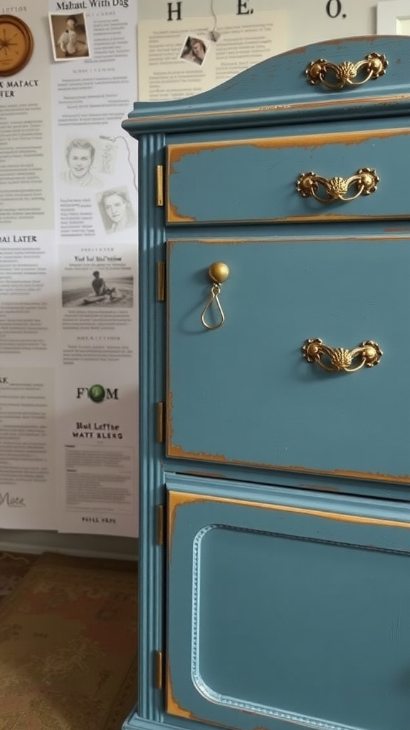 A close-up of a vintage-style blue dresser with gold hardware.