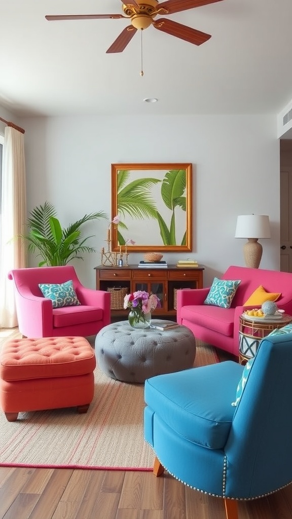 A cozy tropical living room featuring bright accent furniture in pink, blue, and orange.