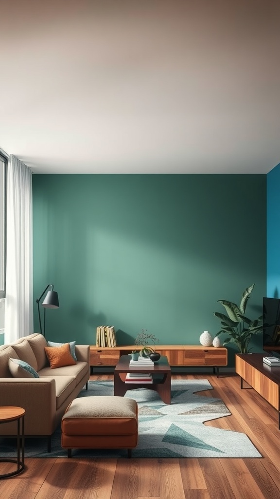 A stylish condo living room featuring green and blue walls, warm wooden furniture, and cozy accents.