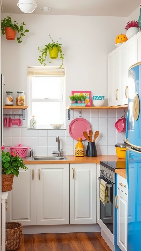 A small kitchen featuring colorful accessories and plants, showcasing bright dishware and storage options.