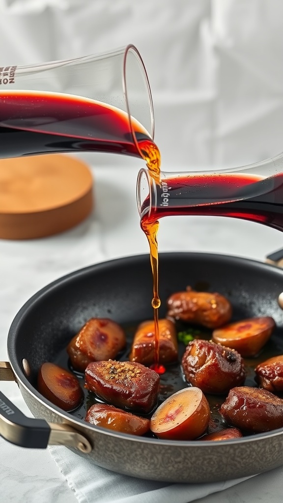 Cooking wine being poured into a pan with beef and vegetables.