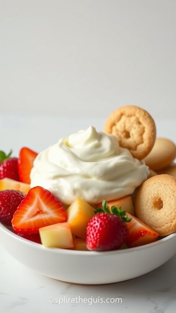 Bowl of cream cheese frosting surrounded by fresh fruits and cookies