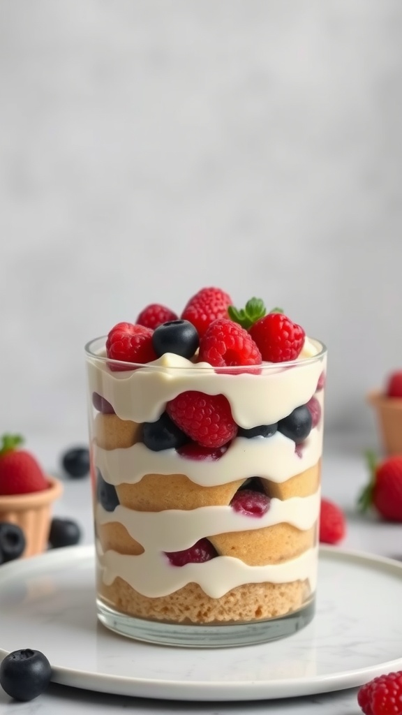 Delicious layered dessert with cream cheese frosting and fresh berries.