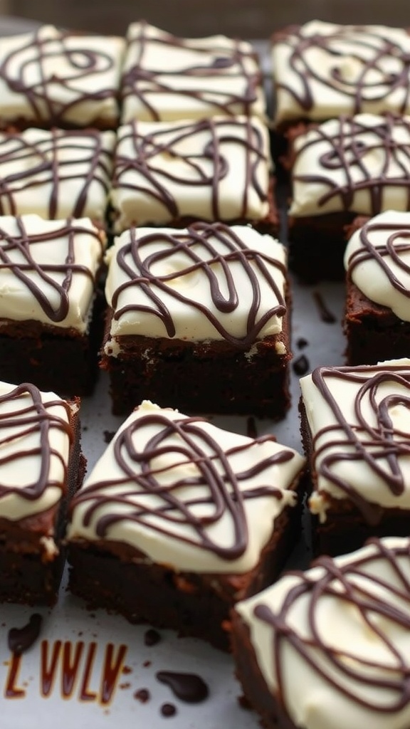 Delicious brownies topped with cream cheese frosting and drizzled with chocolate.