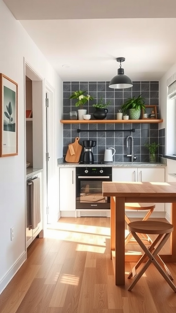 Small kitchen with foldable furniture and plants