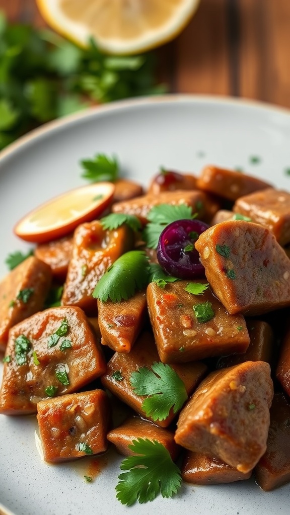 A plate of Lomo Saltado garnished with fresh herbs.