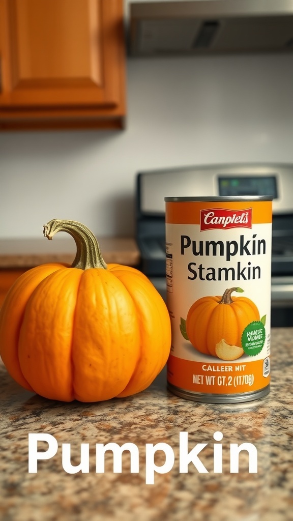 A beautiful display of fresh pumpkin and a can of pumpkin puree, emphasizing the choice between fresh and canned options for recipes.
