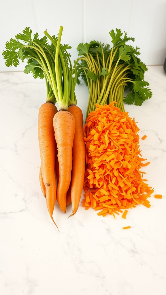 Fresh carrots and grated carrots on a marble countertop.