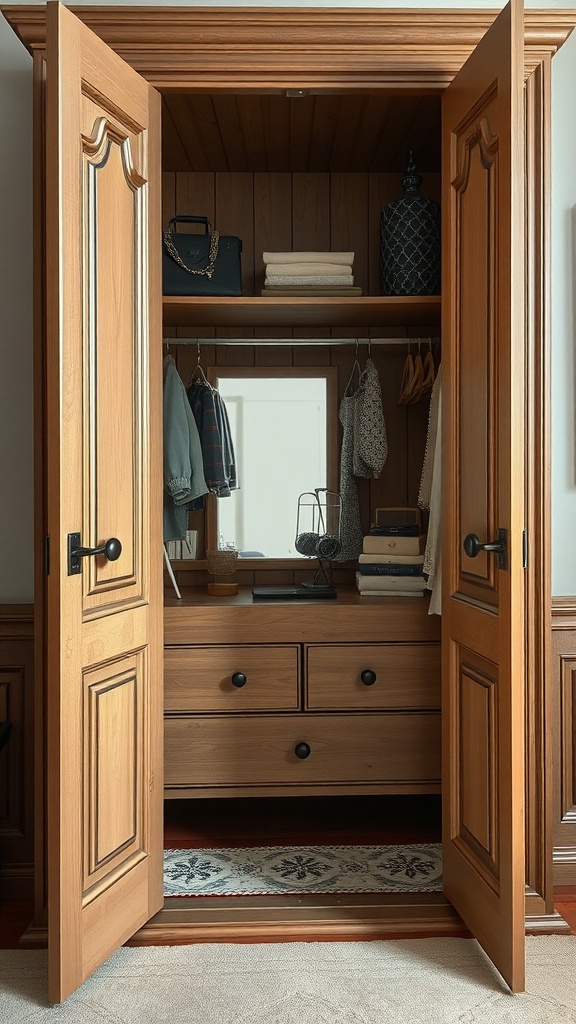 Interior view of a stylish wooden wardrobe with organized shelves and drawers.