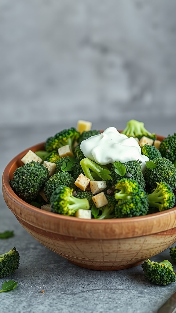 A bowl of broccoli salad with Greek yogurt dressing, featuring fresh broccoli, diced apples, and walnuts.