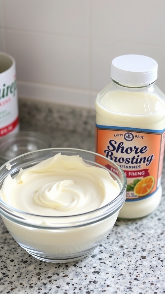 Bowl of frosting with a jar of store-bought frosting in the background.