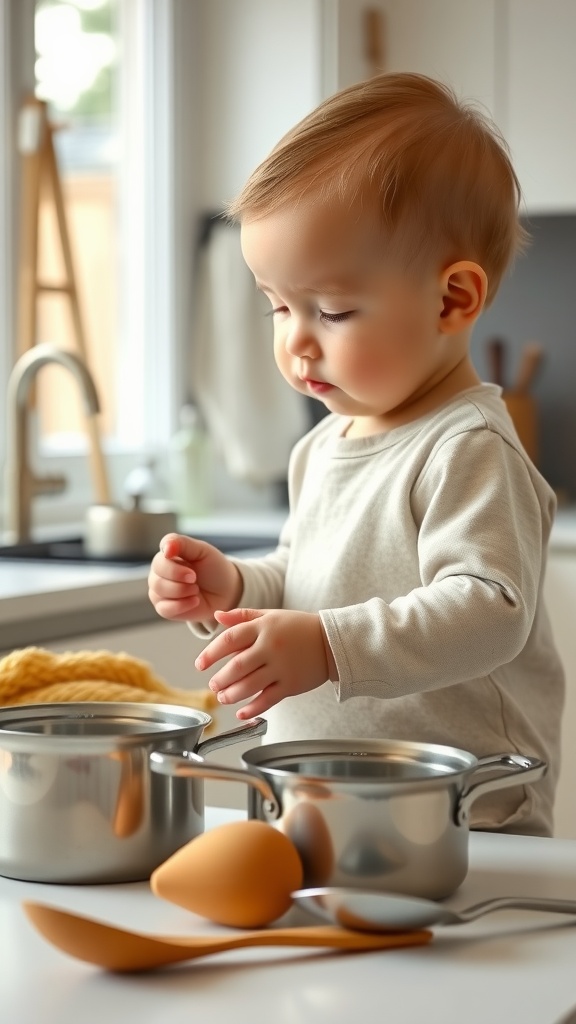 A toddler playing with pots and kitchen utensils