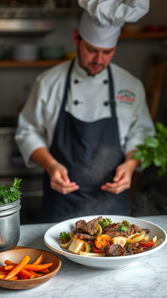 A plate of lomo saltado with beef and vegetables garnished with cilantro.