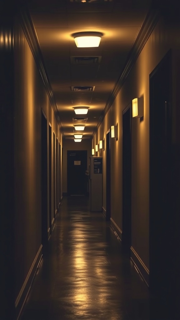 A dimly lit hallway with warm lighting fixtures on the walls