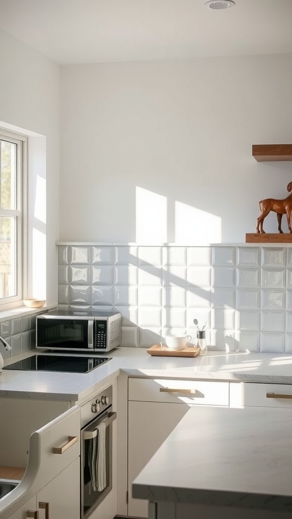 A bright kitchen with white tiled walls and a small window, showcasing a clean and airy design.